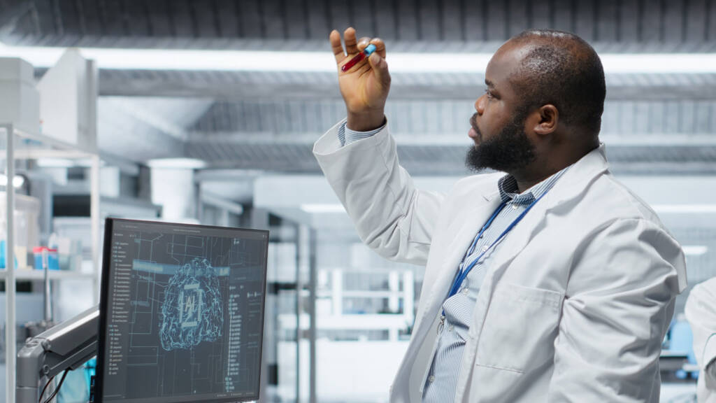 Lab technician analyzing sample and digital data interface, illustrating LABWORKS LIMS and data-driven laboratory workflows
